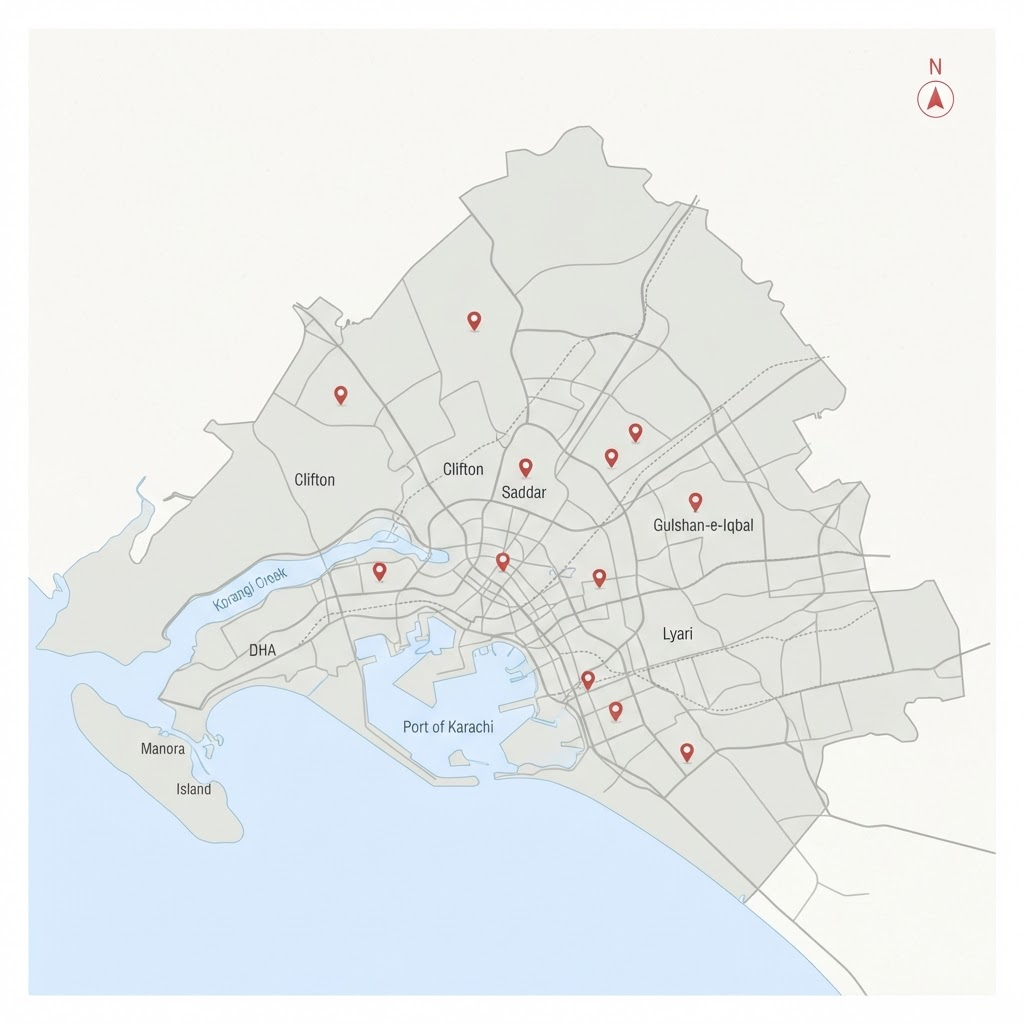 Illustrated map of Karachi showing candidate EV charging hub deployment zones marked with red pins