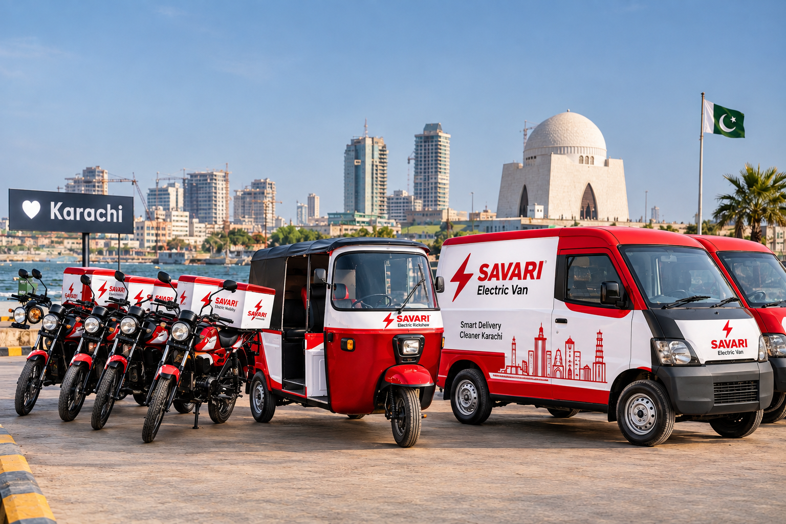 Savari's electric fleet of delivery motorbikes, rickshaw, and vans parked on the Karachi waterfront with the Quaid's Mausoleum and city skyline behind